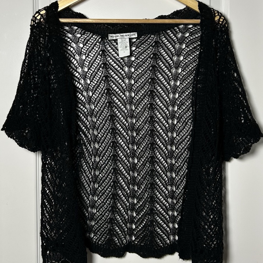 Two One Two‎ New York Black Crochet Short Sleeve Cardigan Festival Boho Style